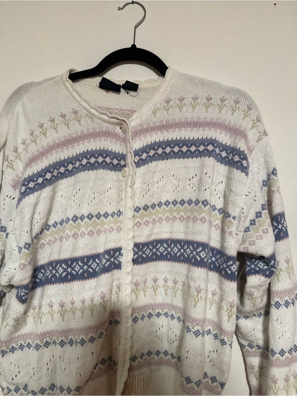 Liz Claiborne White Cardigan with Pastel Blue, Pink and Sage Stripes